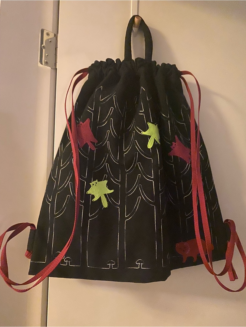 Dark Blue Drawstring Backpack with Forrest and  Flying Squirrels Embroidery